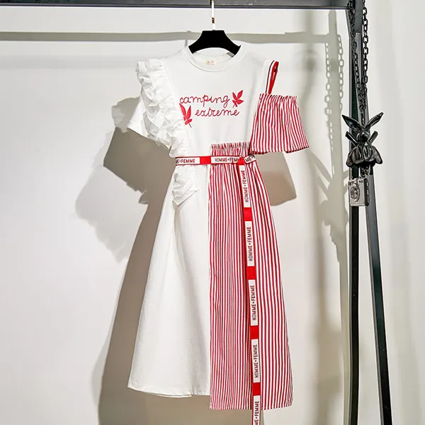 Летнее модное женское платье с оборками и открытыми плечами, с буквенным принтом, Несимметричное платье, уличная одежда, повседневное Полосатое лоскутное платье-рубашка средней длины - Цвет: Красный