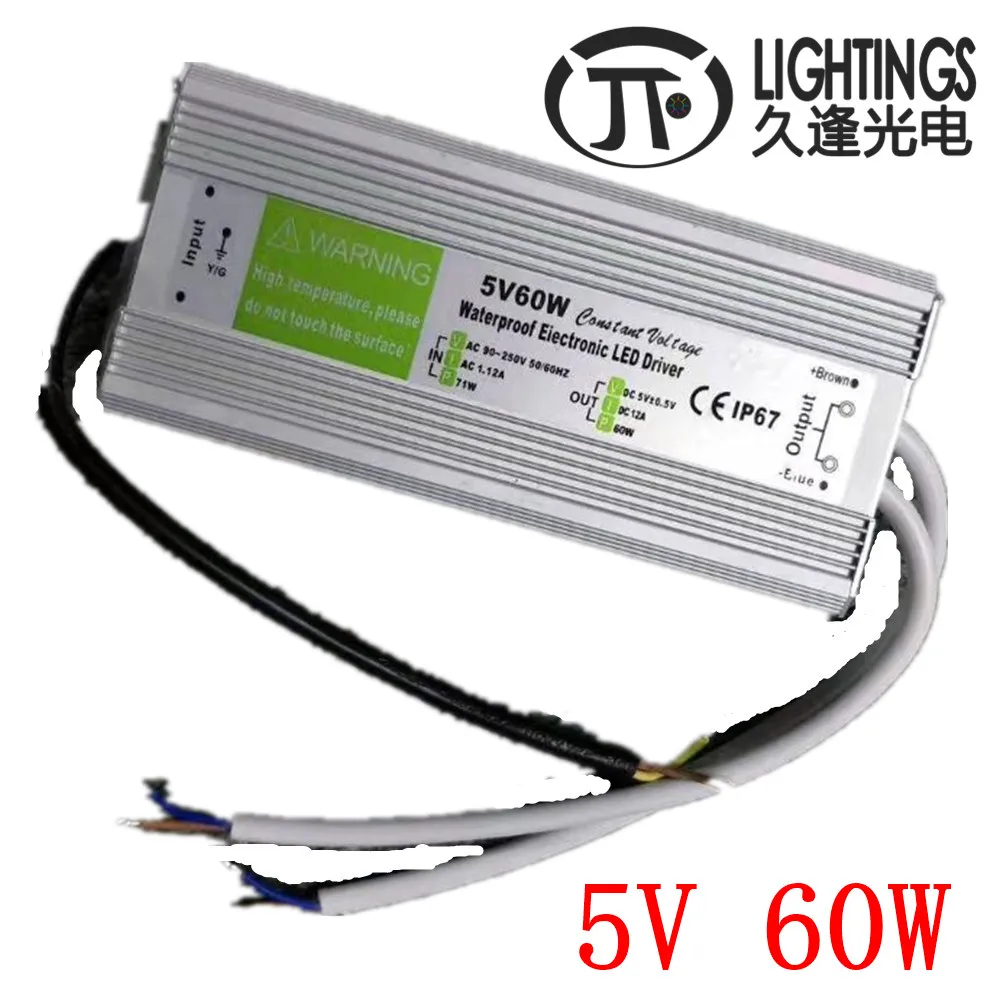 

1pcs 5V 60W 12A waterproof power supply switch Transformers for WS2812B SK6812 WS2801 APA102 8806 LED Strip IP67 AC90-250V input