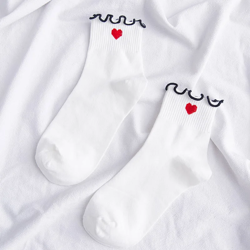 Women Socks Autumn Striped Heart Cotton Solid Color Lace Cute Dots Casual Breathable White Women Fashion Lady Socks 1 Pair
