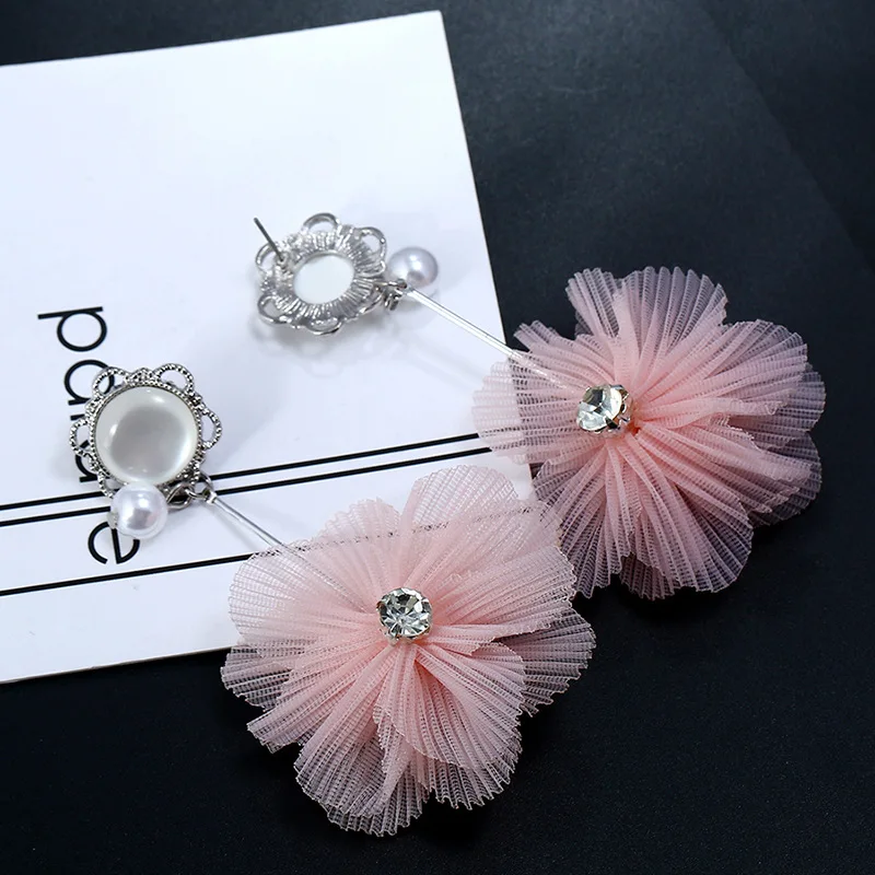 Elegant Fabric Lace Flower Earrings Shaped Charms Fringed Tassel Earrings