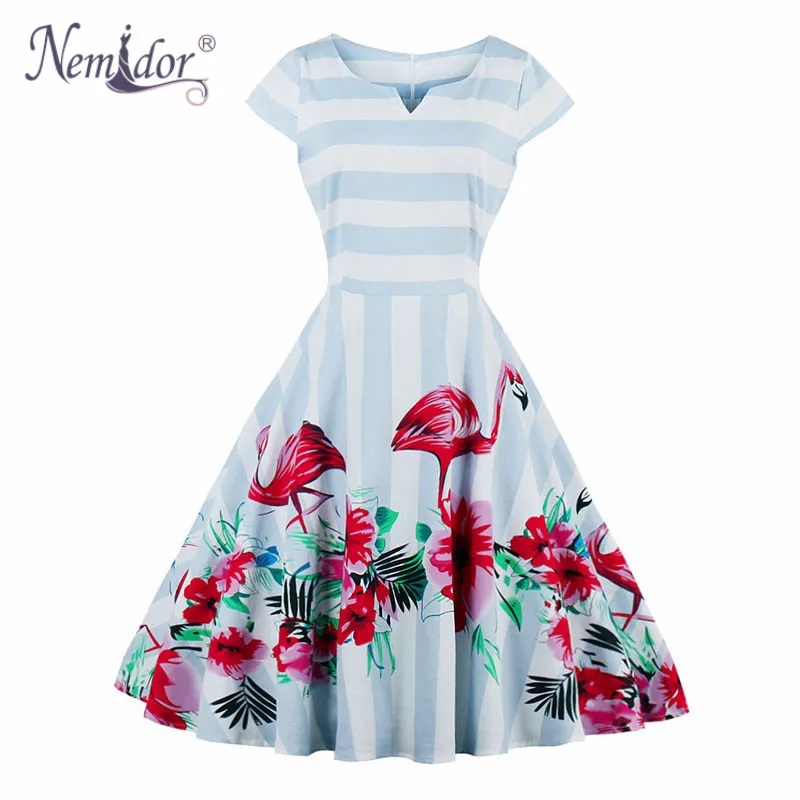 

Nemidor Women Elegant Patchwork 50s Short Sleeve Plus Size Swing Dress V-neck Knee Length Party A-line Rockabilly Dress