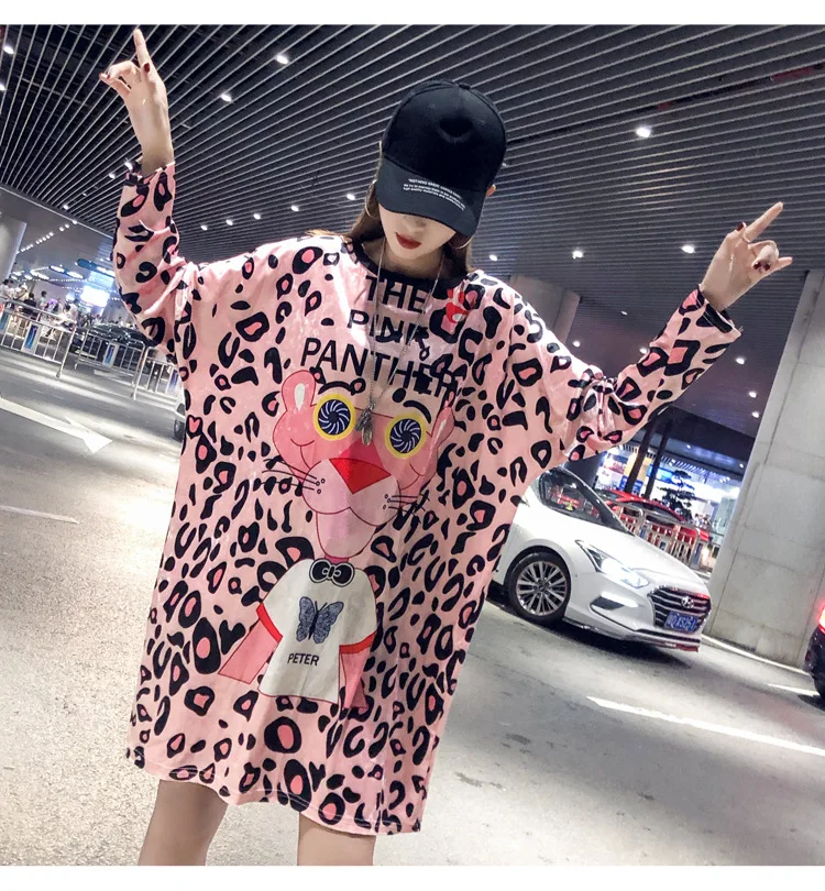 

Women Winter T-shirt Cartoon Pink Panther Letter Printed Tshirt Dress Long Loose Hip Pop Girls Tops Tee Gold velvet Oversize