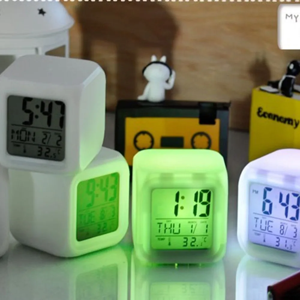 Многофункциональный светодиодный 7 цветов светящийся сменный цифровой светящийся будильник термометр часы куб