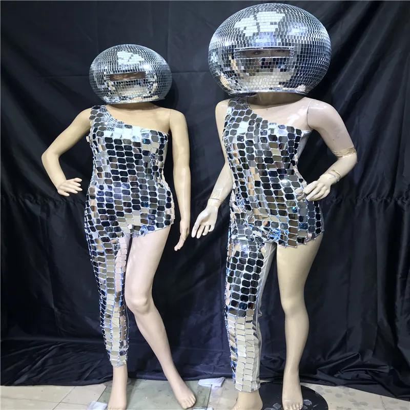 

K111 Party dance led costumes silver mirror bodysuit dj led mirror headpiece glass ball helmet dress bar wears outfits rave show