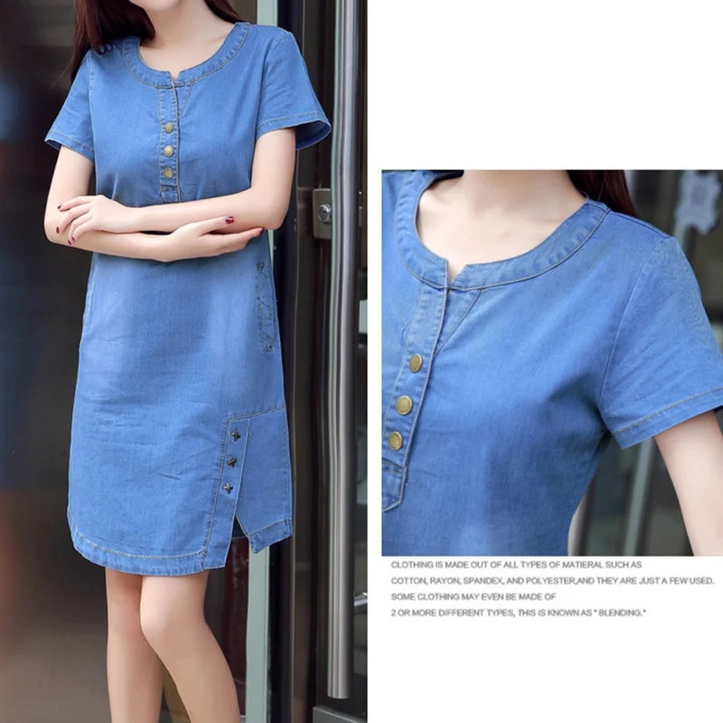 Модное женское джинсовое платье в Корейском стиле, летнее повседневное синее платье на пуговицах, большие размеры