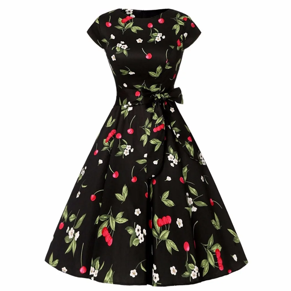

New postal new retro print short-sleeved tutu Europe and the United States retro high-end round neck dress