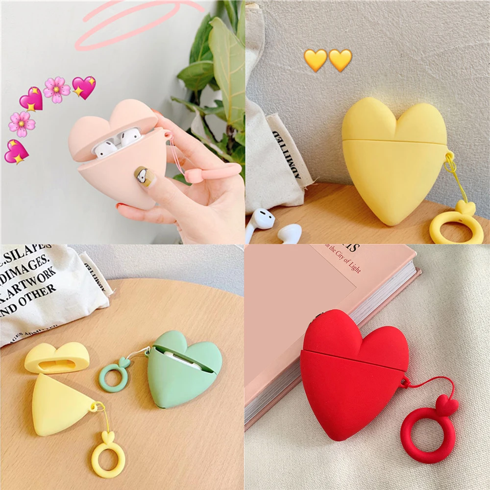 

For Apple AirPods 1 2 Accessories Headset Cute 3D lovely heart silicone lanyard macaron pink Bluetooth Wireless Earphone Case