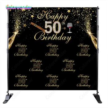 

Colorwonder Vinyl Photo Background Golden Words with Twinkle Stars with Dots 7x5ft Black Champagne Backdrop for 50 Birthday Prop