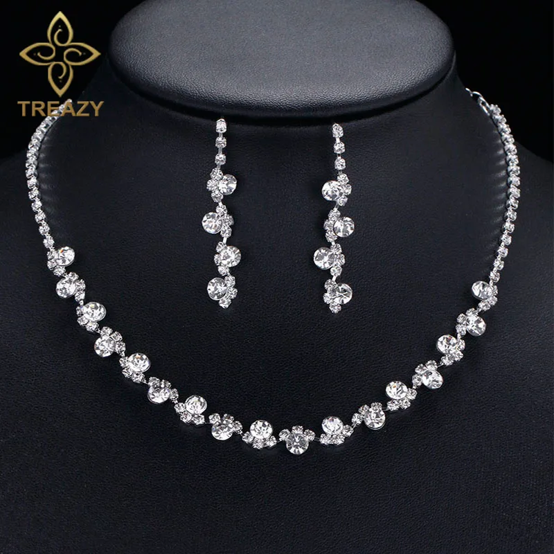 Handcess Crystal Bridal Necklaces Silver Pearl Collar Necklace Rhinestone Wedding Earrings Jewelry Sets for Bride and Bridesmaids