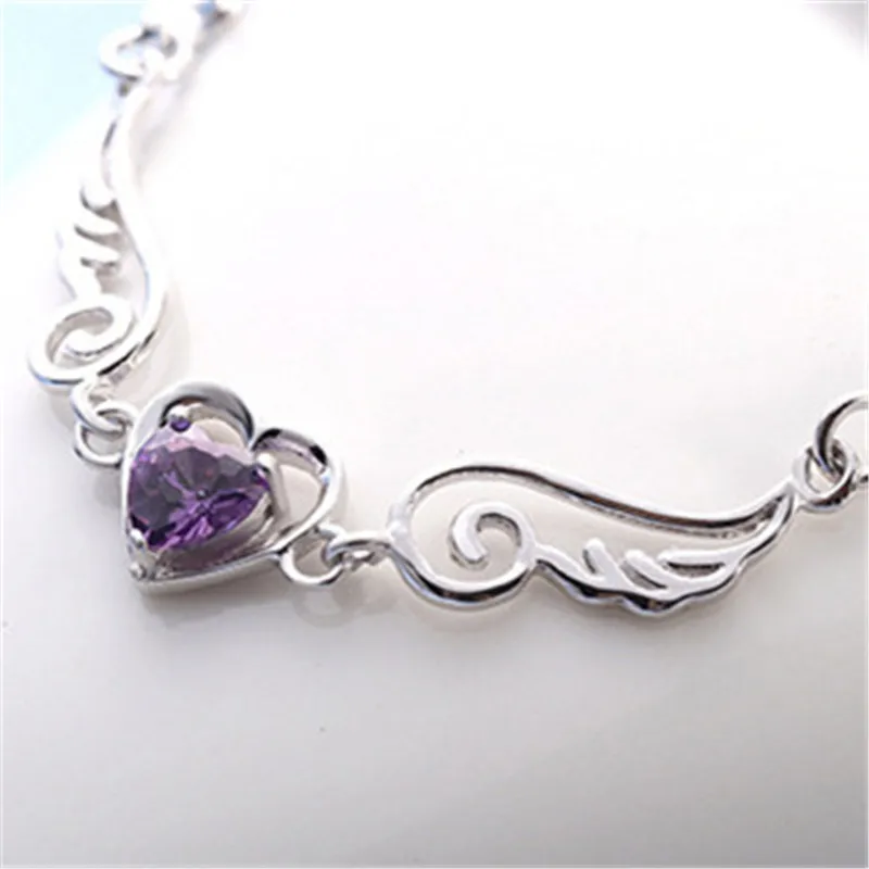 

quality purple AAAAA CZ stone double box chain angle wing silver bracelet as birthday gift for girlfriends