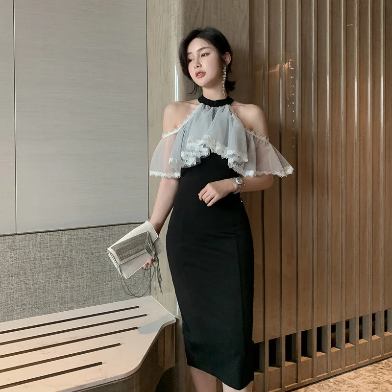 

Summer High-end Women Dresses Off the Shoulder Ruffles Mesh Halter Dress Women Bodycon Sexy Party Dress Lady Elegant Vestidos