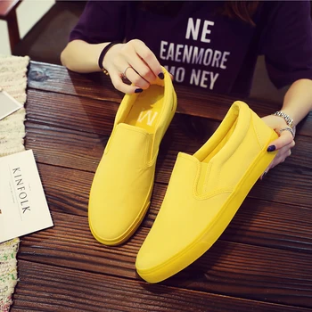 

Men Vulcanized Rubber Shoes Woman Slip on Flat Loafers Unisex Sneakers Men Casual Solid Yellow Couple Shoes Zapatillas Hombre