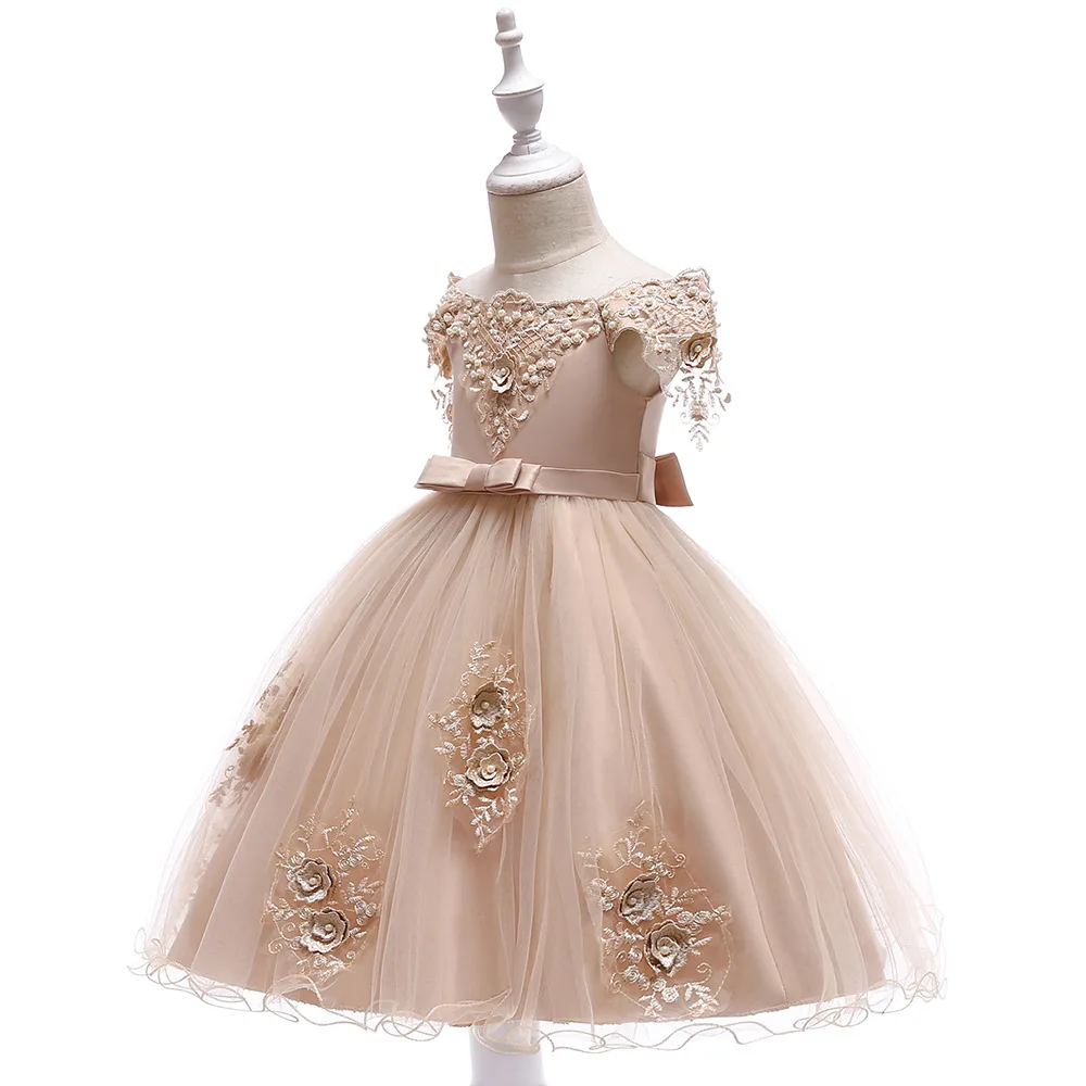 Элегантное платье трапециевидной формы с рукавами-крылышками; цвет Шампань; платье с цветочным узором для девочек на свадьбу; серые кружевные фатиновые Детские платья с аппликацией для девочек; - Цвет: L5057-Champagne