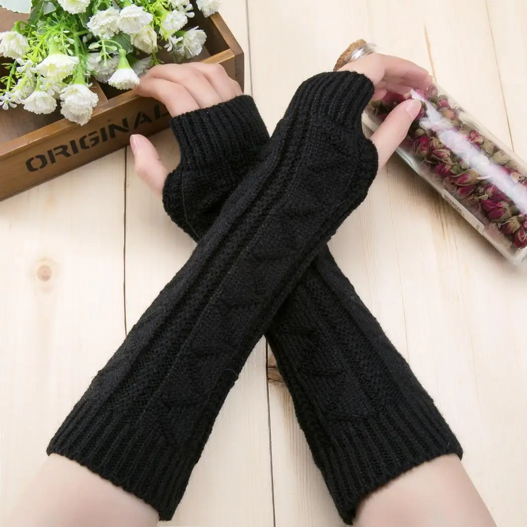 

Women Fashion Knitted Arm Warmers Fingerless Mittens Thumb Hole Gloves Outdoor Cycling TypingWinter Jacquard Solid