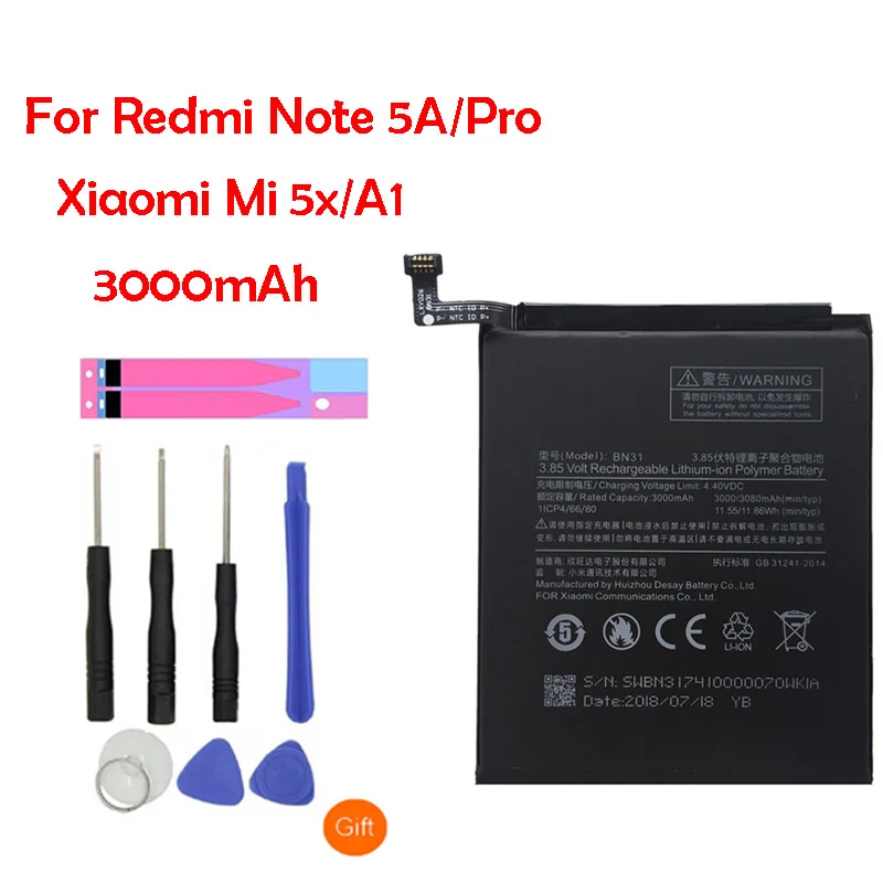 Original BN31 Mobile Phone Battery For Xiaomi Redmi Note 5A / Pro Xiaomi mi 5X/A1 3000mAh Replacement Li-ion Battery + Tool
