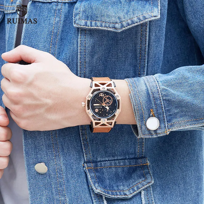 RUIMAS Мужские кварцевые часы с кожаным ремешком, розовое золото, Роскошные Водонепроницаемые наручные часы от ведущего бренда, мужские часы, Relogios Mascuinos 534