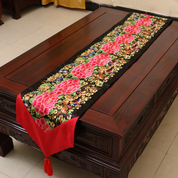 Fine Embroidery Peony Table Runners Luxury Cover Cloth Chinese style Dining Table Pads High End Silk Brocade Coffee Table Cloth Fine Embroidery Peony Table Runners Luxury Cover Cloth Chinese style Dining Table Pads High End Silk Brocade Coffee Table Cloth
