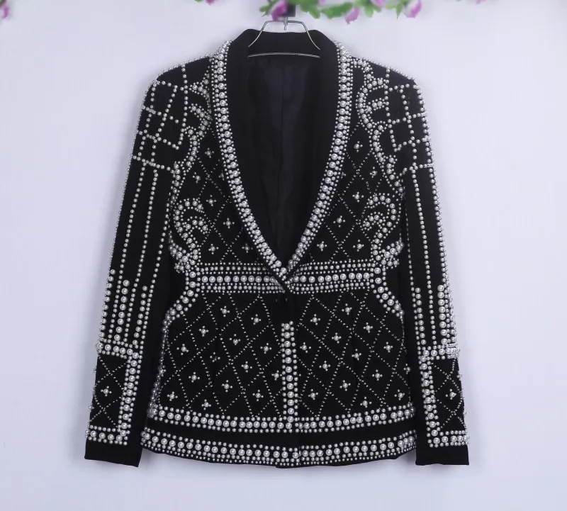 

Nightclub Bar Female Rapper Singer Host Novelty Overbearing Pearls Black Jackets Costume Women Stage Show Cool Clothing Outfit