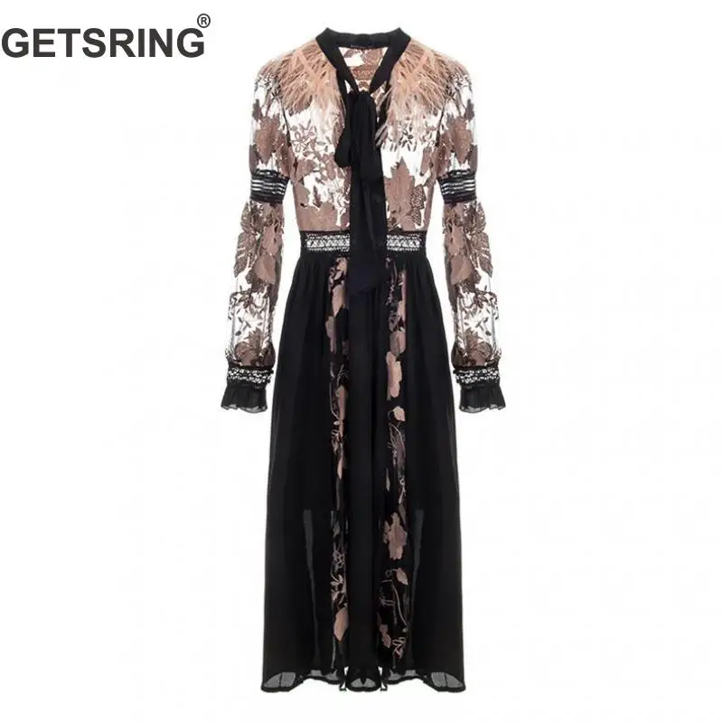 

GETSRING Woman Dresses Feather Stitching Embroidered Tassel Hollow Vintage Dress Color Matching Perspective Party Dresses 2019