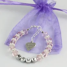 New name Personalised Girl baby Birthday Christmas Gift Charm name Bracelet with bag-pink Glass crystal