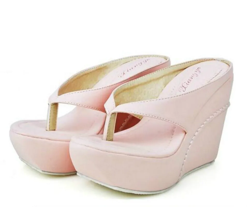 Летние модные босоножки на танкетке; женская обувь; тапочки; большие размеры 34-45 - Цвет: Розовый