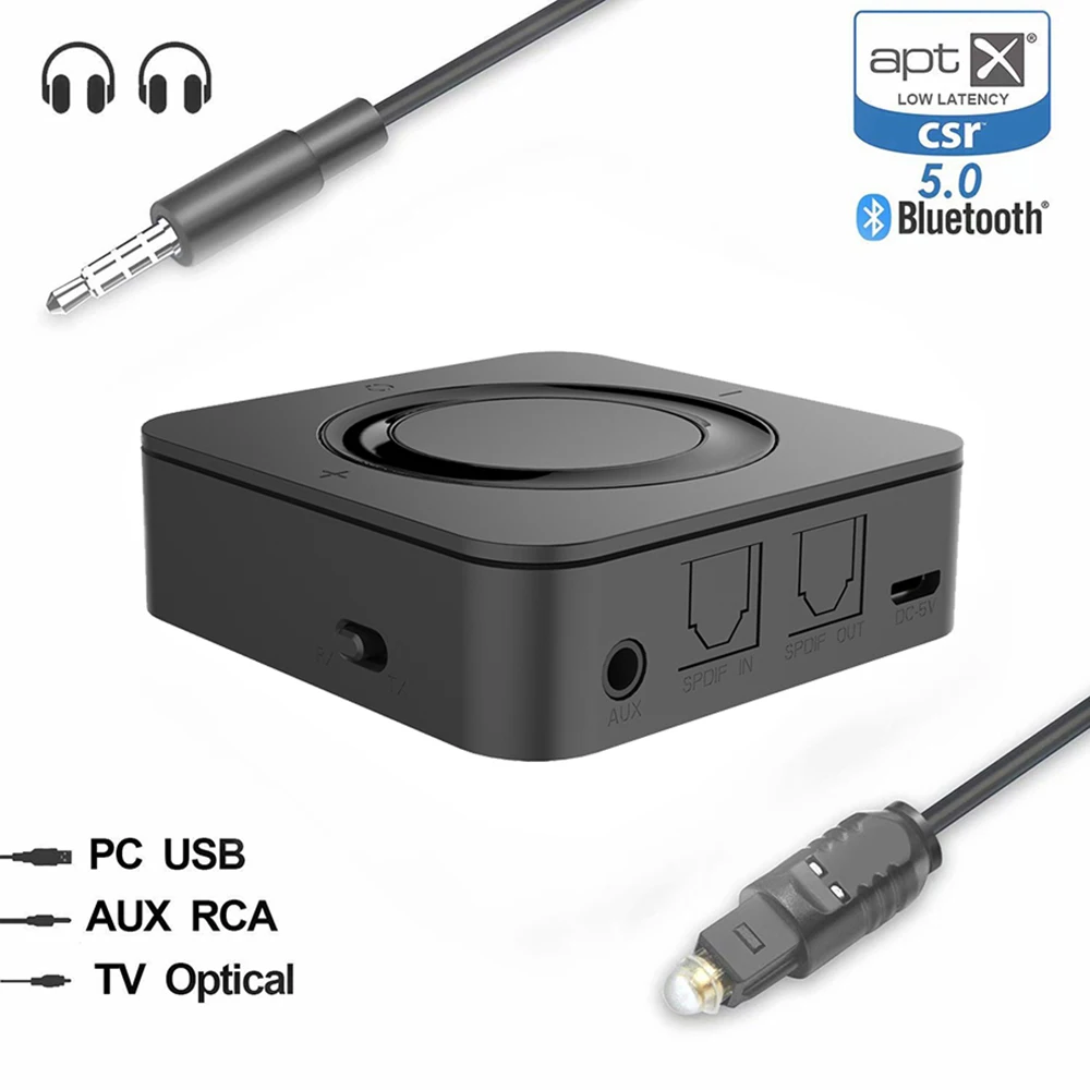 Receptor transmisor Bluetooth 5.0 (óptico, AUX de 3,5 mm, RCA), adaptador  de audio inalámbrico de baja latencia, adaptador AUX Bluetooth recargable  para TV, PC, altavoces de sistema estéreo para coche