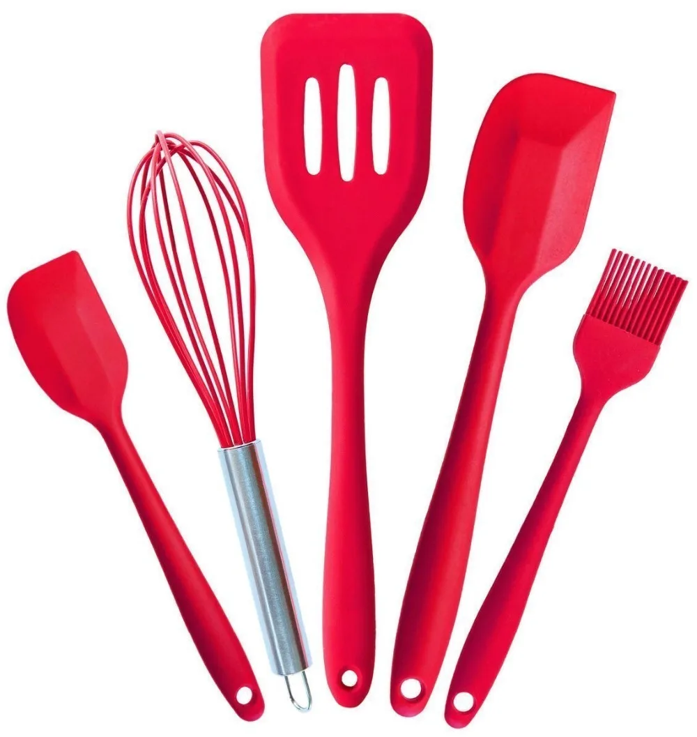  5PCS Silicone Kitchen Utensils Silicone Spatula Silicone Cooking Utensils Set Red FDA Approved Hygi