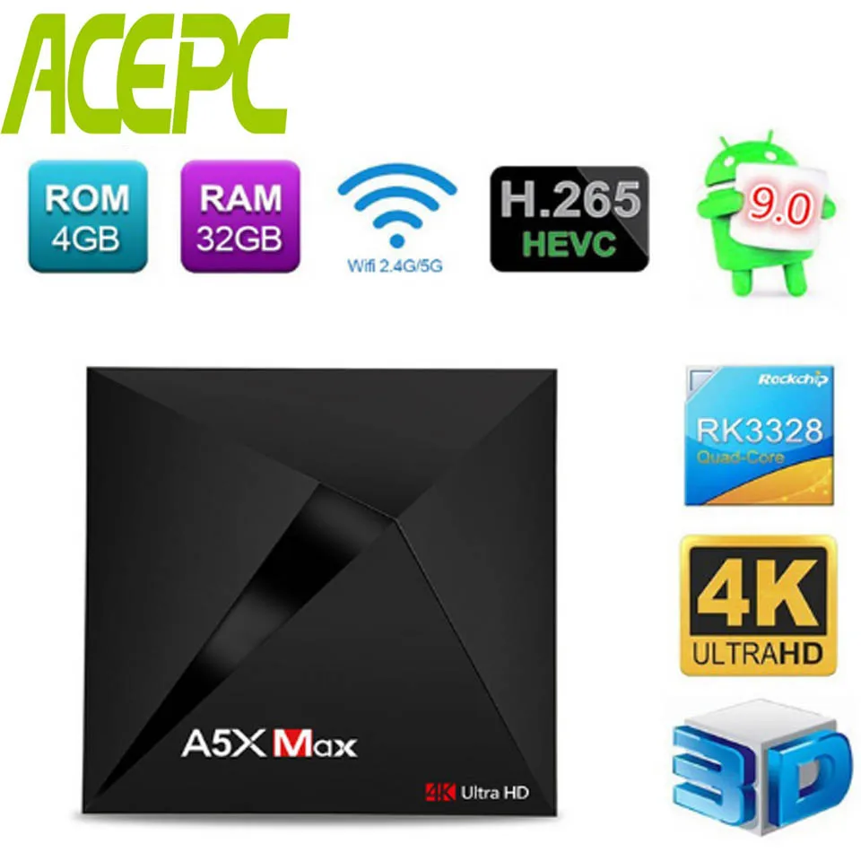

A5X Max Android 9.0 TV BOX RK3328 Quad-Core 64bit Cortex-A53 SET TOP BOX DDR3 4GB eMMC 32GB WIFI2.4G BT4.0 HDMI2.0 RJ45 USB3.0