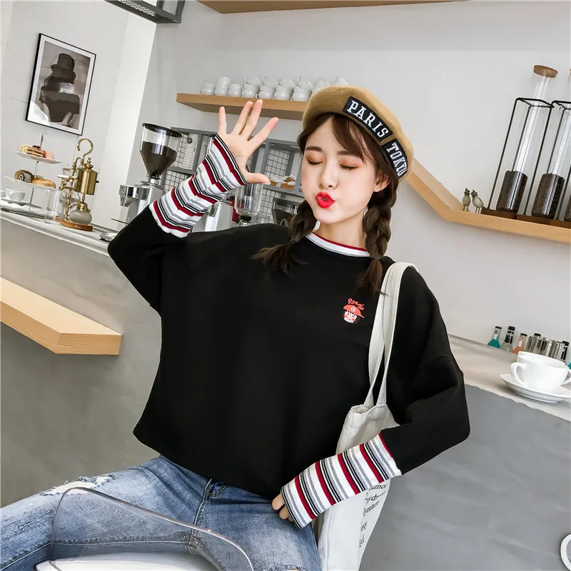 korean Autumn Harajuku long Sleeve Loose Tops tee Stripe black T-shirt Female fashion women Patchwork cartoon Embroidery T shirt