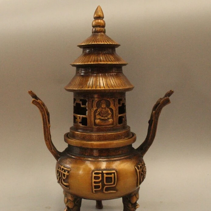 

12"Chinese Tibet Buddhism Bronze Amitabha Kwan-Yin Incense Burner Censer