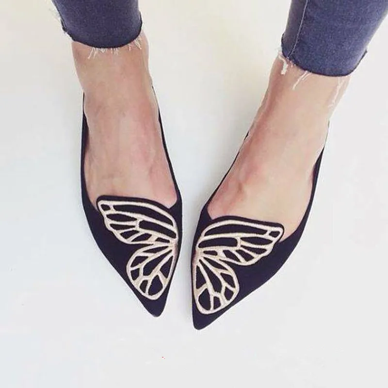 

Comfortable Butterfly Wings Emborider Suede Slip On Pointed Toe Women Flats Spring Autumn Casual Dress Party Wedding Print Flats