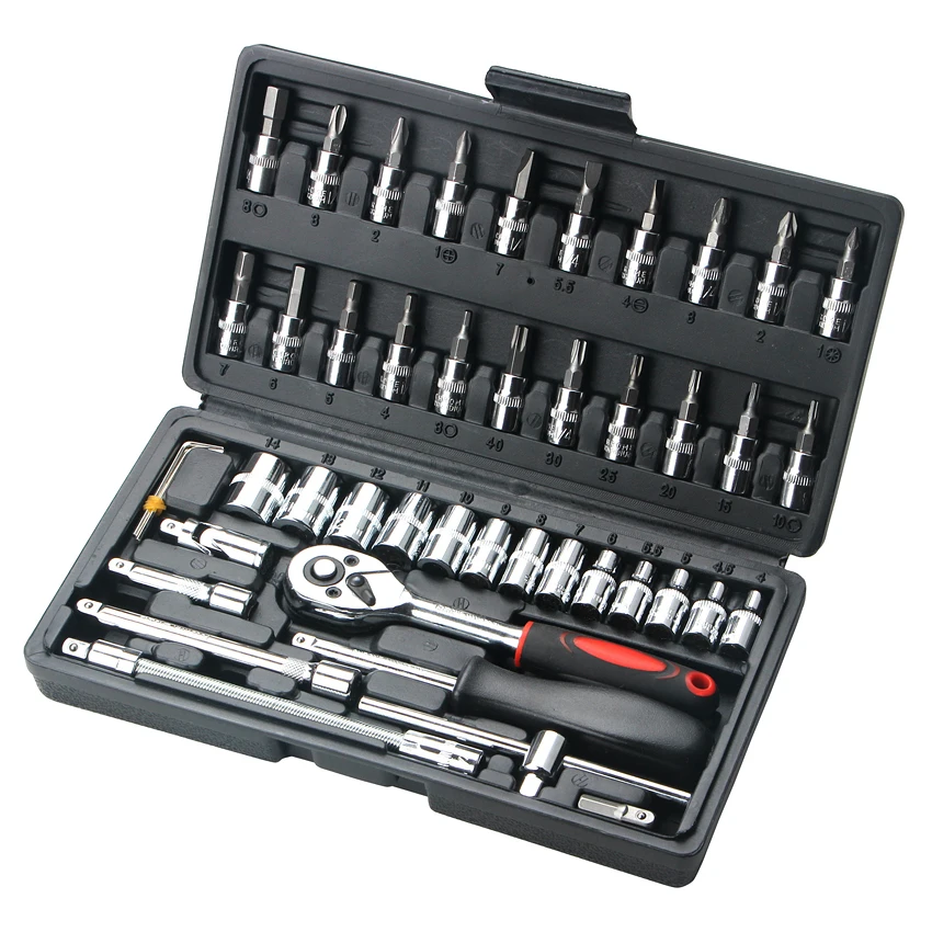 46pcs Combination Tool Set 1/4 Ratchet Wrench Socket Screwdriver Kit with Plastic Toolbox Household Car Repair Hand Tool Set