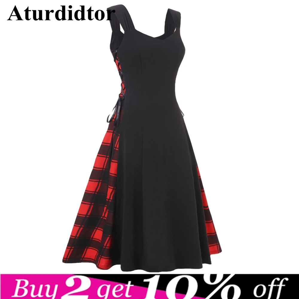 

Women Vintage Plus Size A Line Lace Insert Color Block Dress Spring Summer Spaghetti Strap Retro Party Vestido Robe Femme 4XL5XL