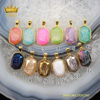 

13 color choice,5pcs Raw Druzy Geode Faceted Slab Pendants Jewelry,Natural Drusy Achate Plated Gold Edged Charms Necklace HS06