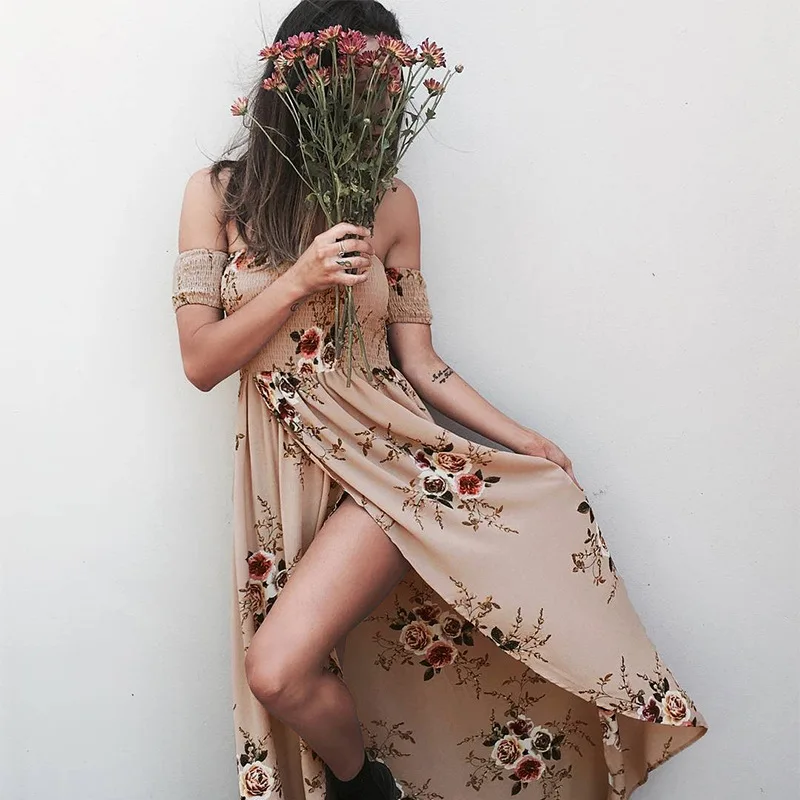 Boho Floral Print Maxi Dress with Side Split - Fashion Trendy Shop