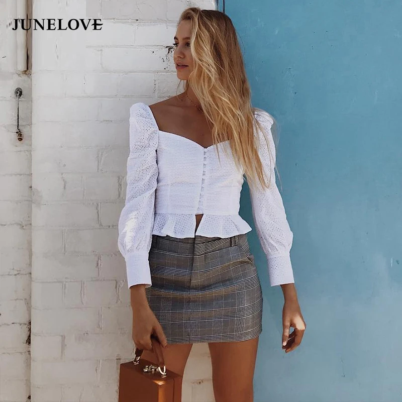 

JuneLove 2019 summer holiday casual sexy slash neck women shirt solid button female blouse draped ladies blusas