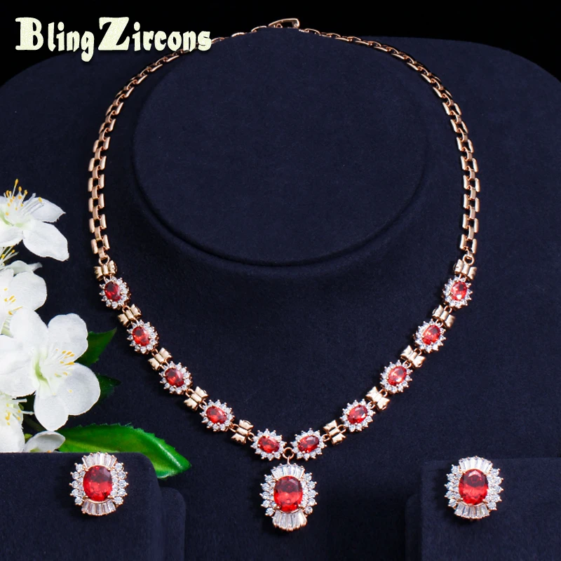 

BlingZircons Indian Red Wedding Bridal Jewelry Set Gold Color Big Oval Round Cubic Zircon Stone Necklace Sets For Women JS027