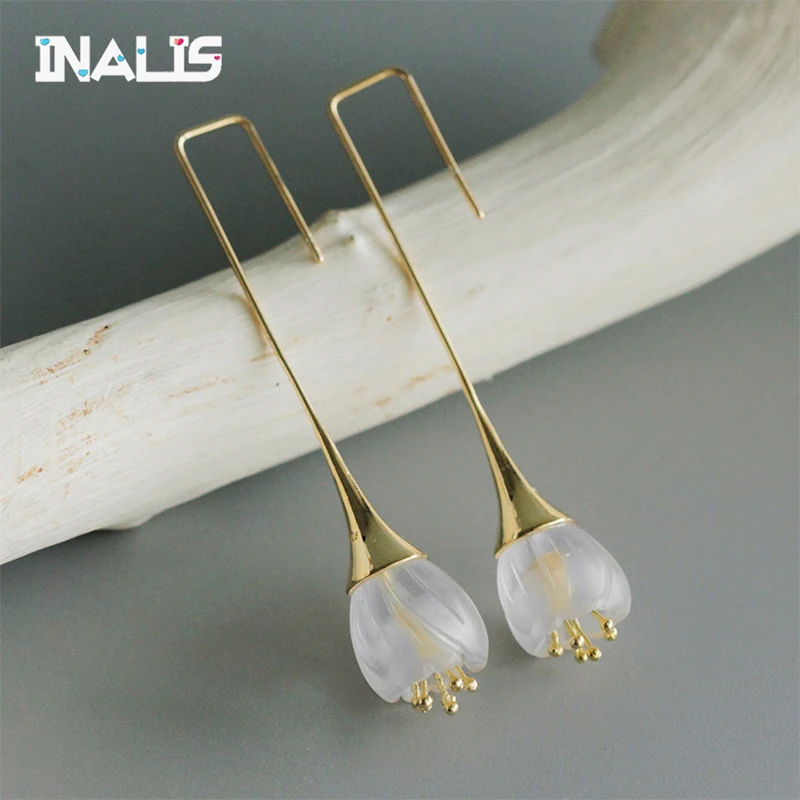 

INALIS New Real 925 Sterling Silver Natural Crystal Handmade Designer Fine Jewelry Delicate Fresh Flower Drop Earrings for Women