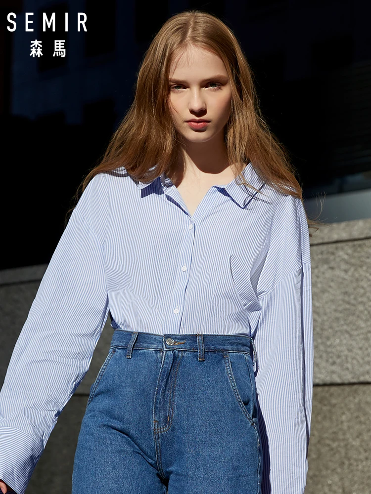 

SEMIR Women 100% Cotton Striped Long Shirt with Lacing at Back Women's Relax Fit Turn-Down Collar Long Shirt with Slits at Sides