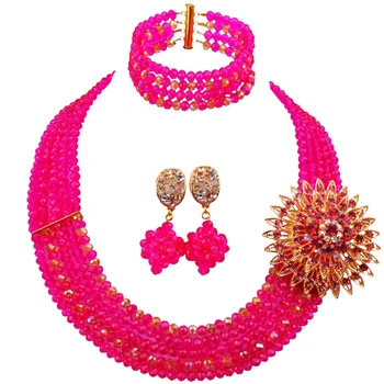 

Pretty Fuchsia Pink Gold AB Handmade Party Crystal Beaded Necklace Rarrings Bracelet Sets for Lady 5C-ST-10