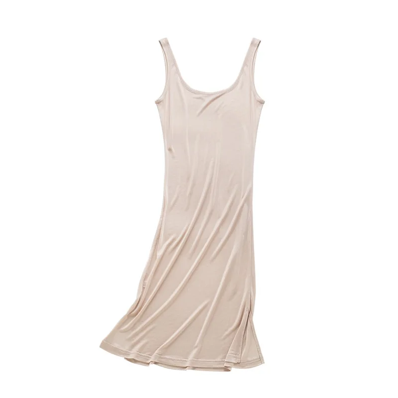GUIYI Women Natural Silk Plus Long Section V-neck Summer Silk Anti Emptied Intimates Everyday Slip Dress Large size