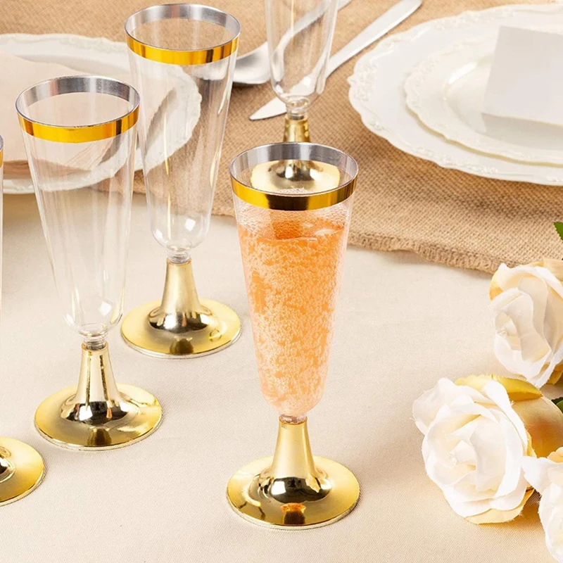 Practical Boutique 24Plastic Gold Rimmed Champagne Flutes | 5.5 Oz. Clear Hard Disposable Party& Wedding Glass