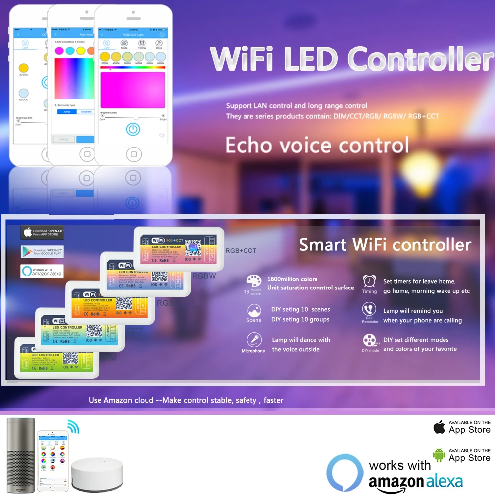 

DC12-24V Wifi RGB RGBW RGBCCT strip controller By Amazon Alexa Phone 12A WIFI controller Control iOS/An for 5050 3528 LED Strip