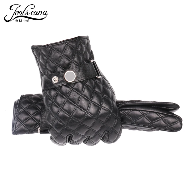 

JOOLSCANA leather gloves for men winter gloves sheepskin touch screen tartan wrist mitten autumn drive Tactical Outdoor