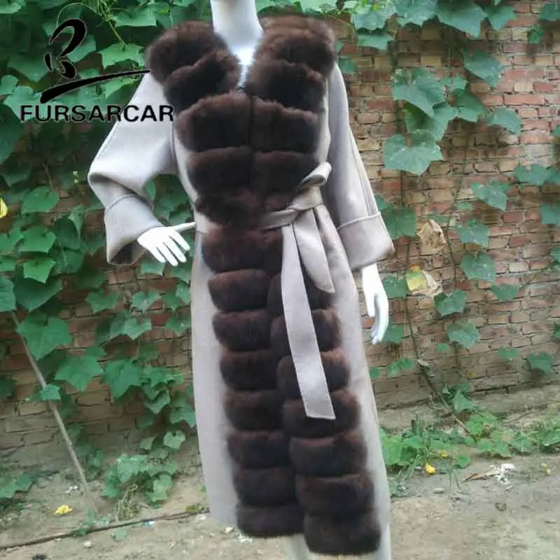 FURSARCAR New Fashion Real Fur Coat Women With Long Fox Fur Collar Winter Warm Luxury Wool Skin Fur Jacket 110 Cm Long Fur Coat