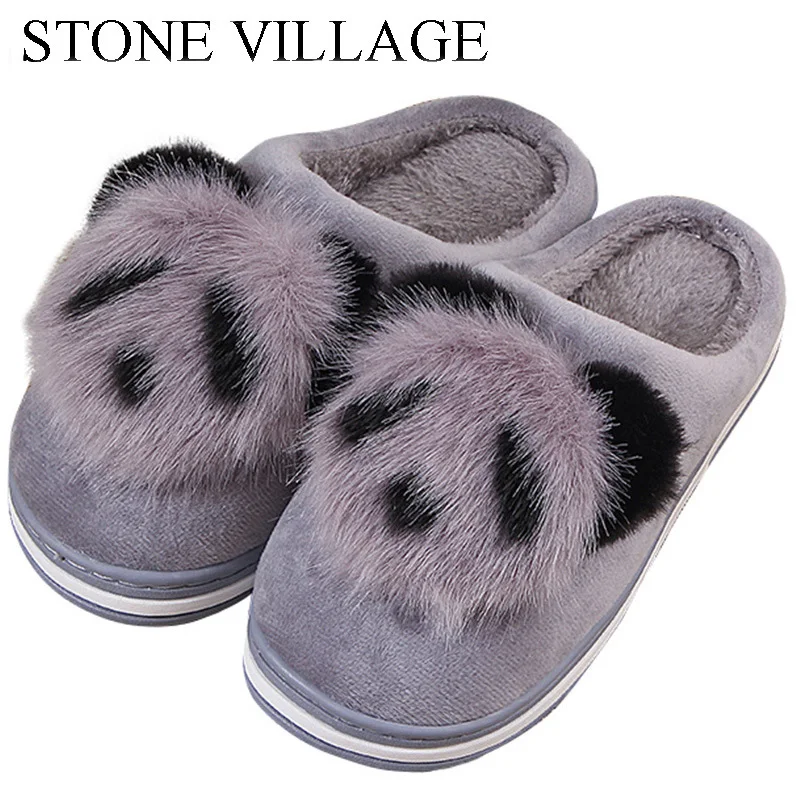 US $9.48 Stone Village Cute Cartoon Animation Panda Women Slippers Ladies NonSlip Slip On Warm Plush Slippers Indoor Home Slippers Shoes