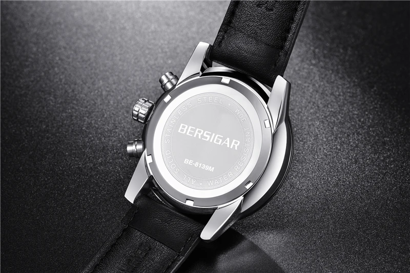 Herenhorloge BERSIGAR Мужские часы с черным кожаным ремешком спортивные хронографом
