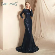 Dark Navy Mermaid Evening Dress Long Sleeves Formal Dress Women Elegant Vestido De Novia Evening Gowns Long 2019 Prom Dress trendy long sleeves voile splice mermaid dress for women