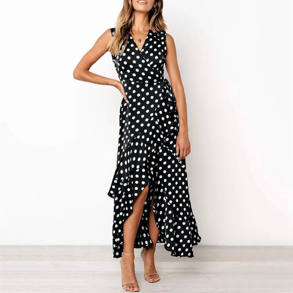 

Fashion Women Long Dress Summer Elegant Ladies Sexy Polka Dot Printed Sleeveless V-Neck Wrap Bandage Casual Loose Maxi Dress New