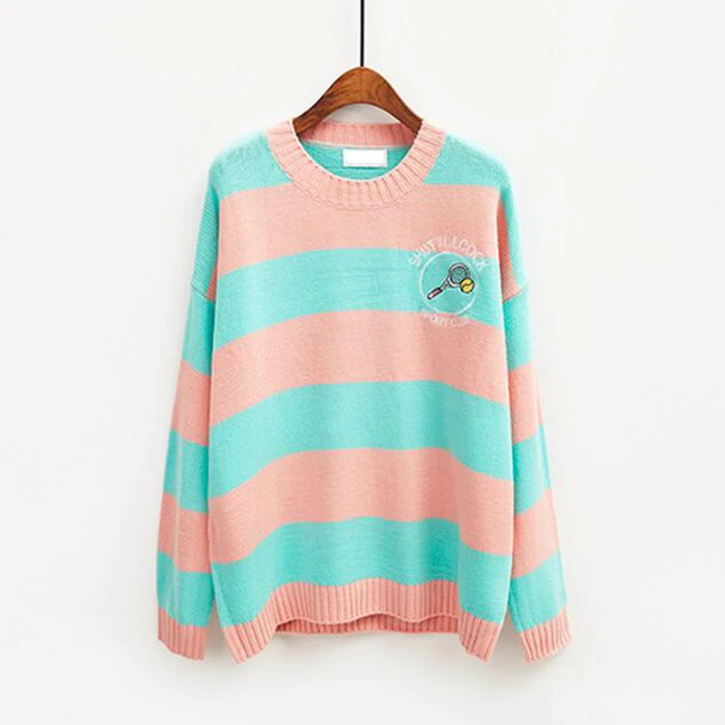 Harajuku women sweater 2018 korean new winter knitted sweaters cartoon embroidery candy-colored stripes loose pullover jumpers Harajuku women sweater 2018 korean new winter knitted sweaters cartoon embroidery candy-colored stripes loose pullover jumpers